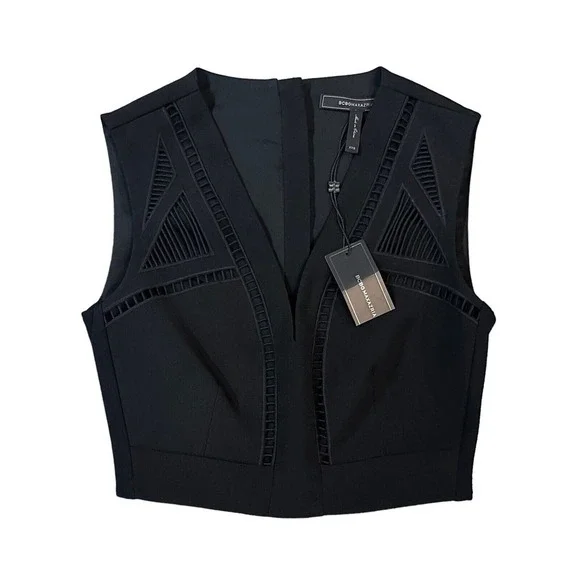 NWT BCBG MAXAZRIA Black Deep V-Neck Tank Crop Mesh Cutouts Womens Size XXS $198 - Picture 2 of 13